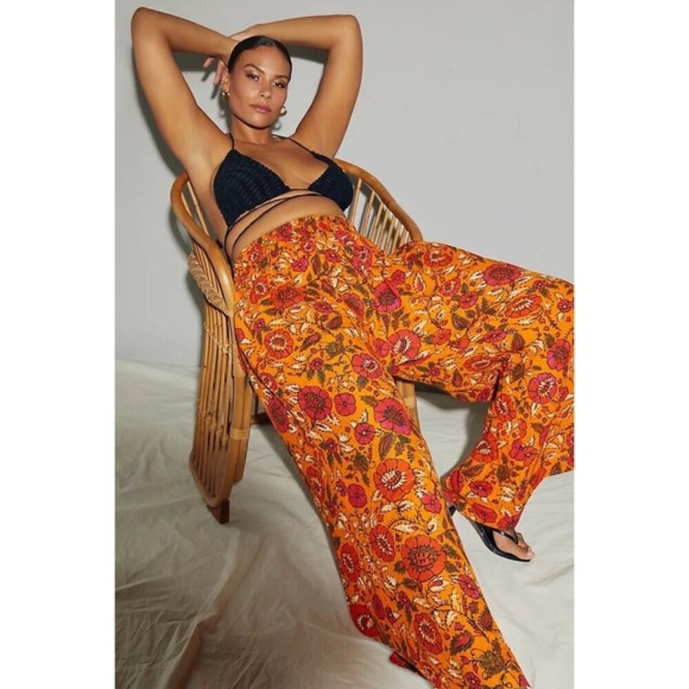 Anthropologie Smocked Gauzy Wide Leg Pants Orange Floral Motif Size 1X